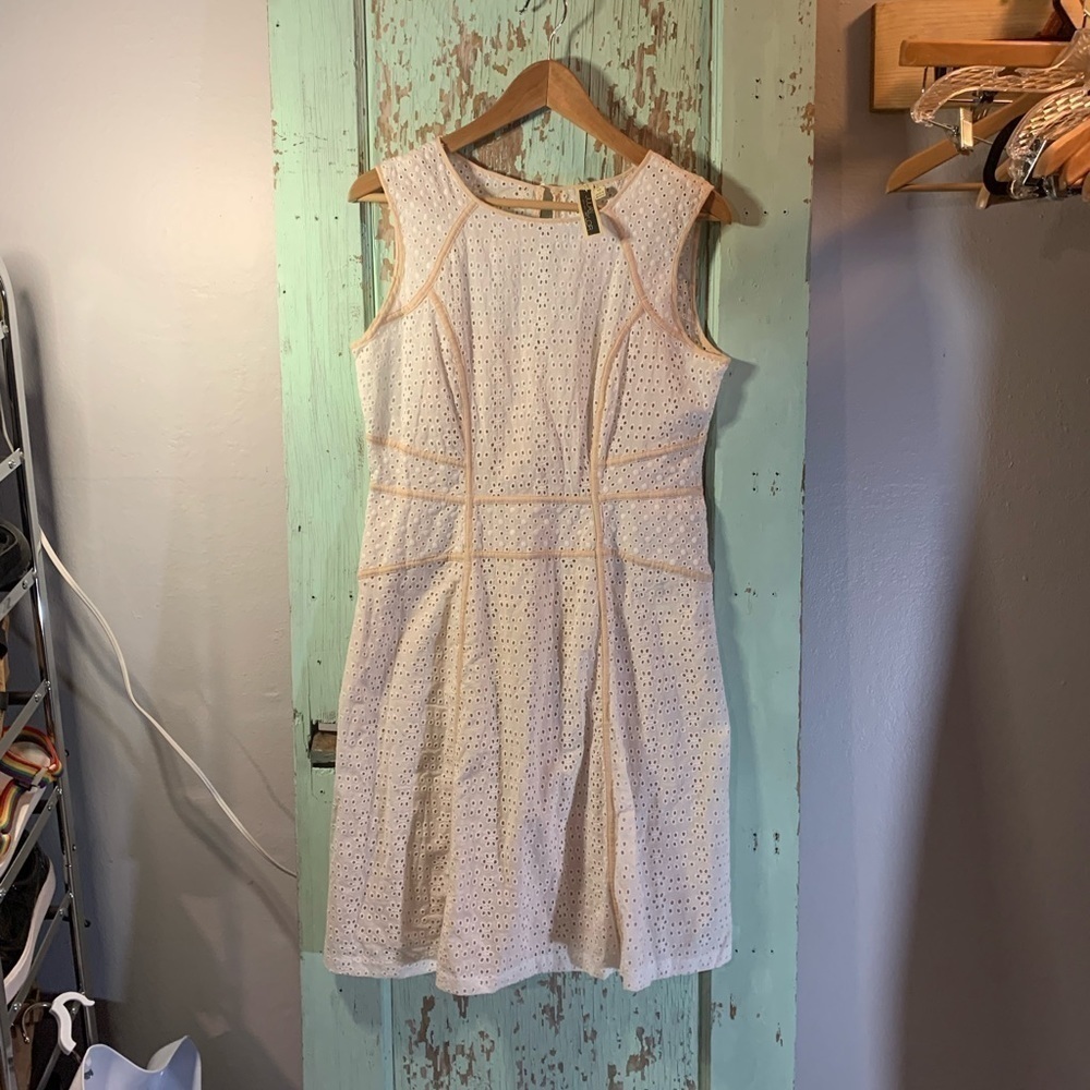 Julian Taylor White Eyelet A Line Dress. Tan underlay. Preloved Great Condition.